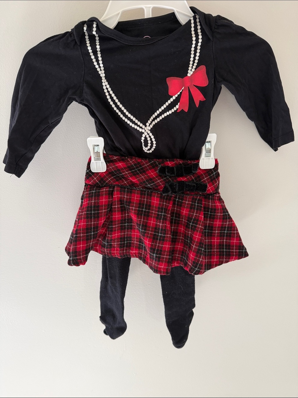 The Children's Place Black Top with Red Plaid Skirt and Attached Leggings